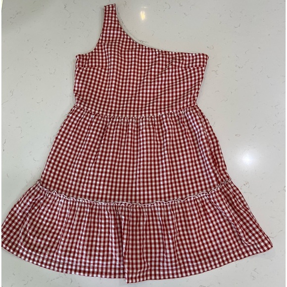 Crown & Ivy Red Gingham One Shoulder Cotton Dress Size 12 - Picture 2 of 13